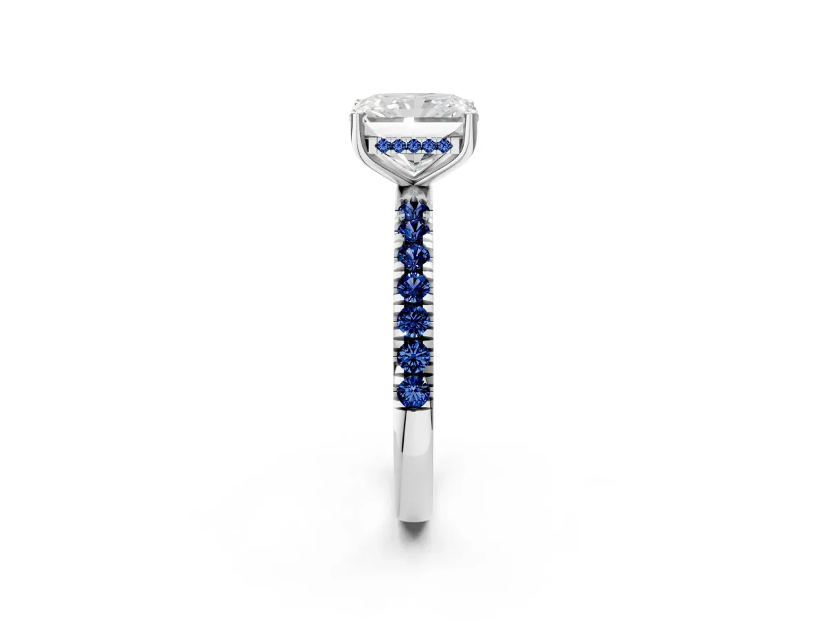 Radiant Cut Diamond Pave Band Solitaire Ring with Round Blue Sapphire and Prong Setting Silver
