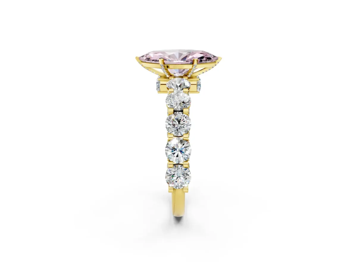 Fancy Pink Marquise Cut Diamond Side Stone Engagement Ring with Four-Prong Setting Yellow gold