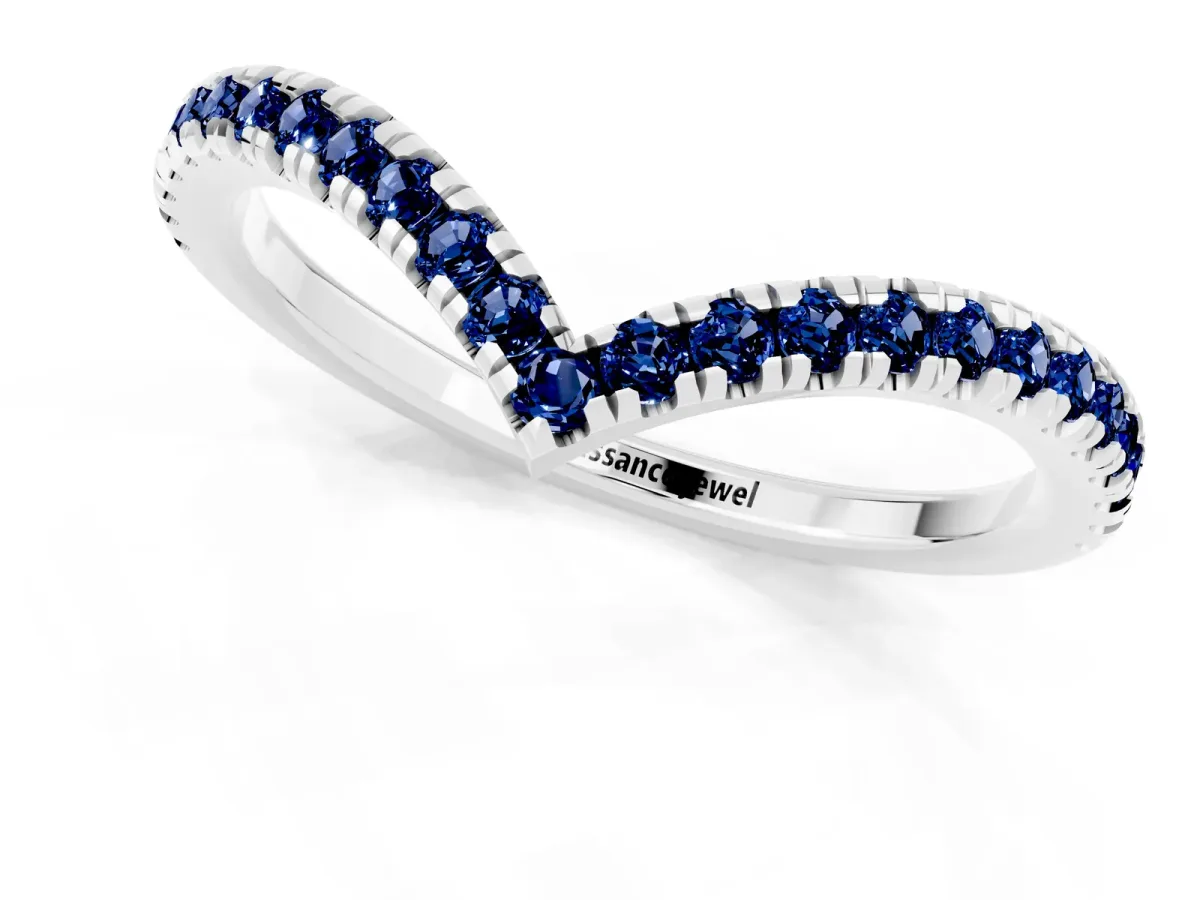 Pavé Round Blue Sapphire V-Shaped Chevron Band with Shared Prong Setting White gold