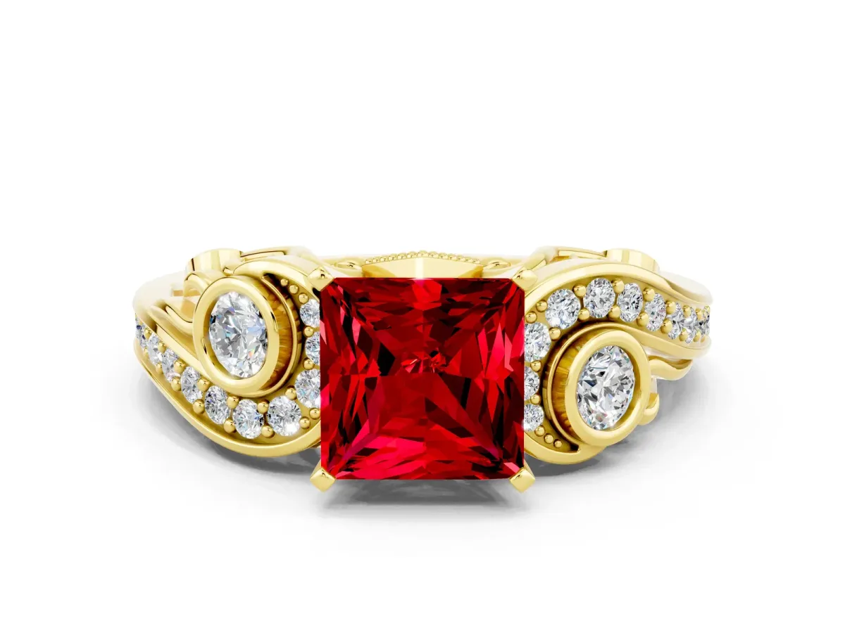 Princess Cut Ruby Solitaire Ring with Milgrain Pavé Band and Four-Prong Setting Yellow gold