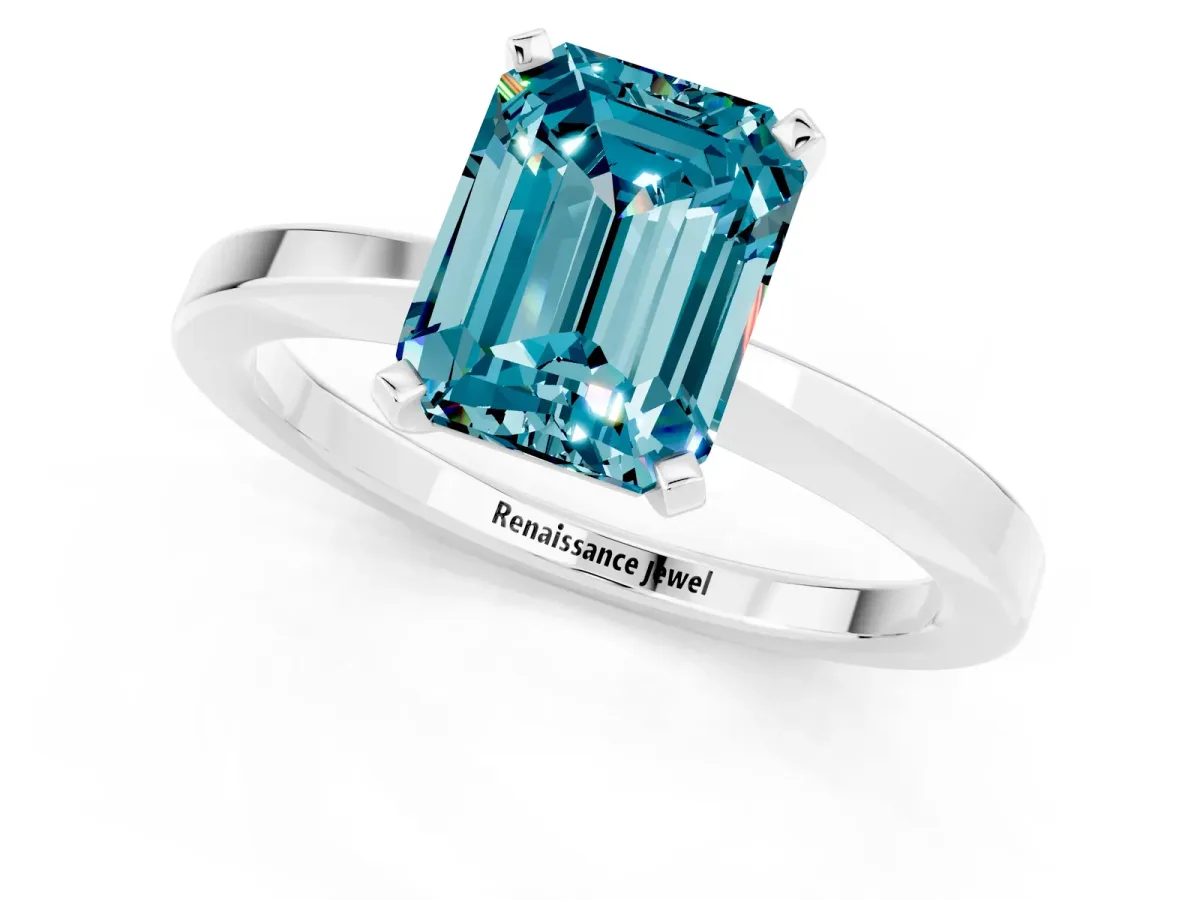 Emerald Cut Blue Topaz Solitaire Engagement Ring with Classic Band and Four-Prong Setting Silver
