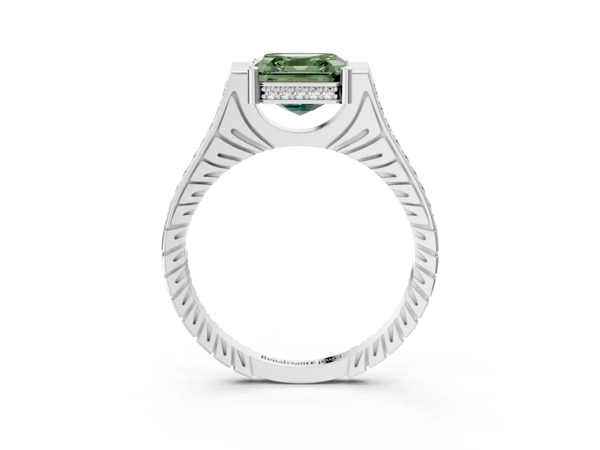 Fancy Green Asscher Cut Solitaire Diamond Ring with Channel Set Band and Bezel Prong Setting Platinum