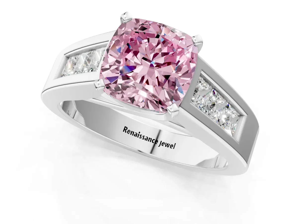 Fancy Pink Cushion Cut Cut Channel Set Solitaire Ring with Four-Prong Setting White gold
