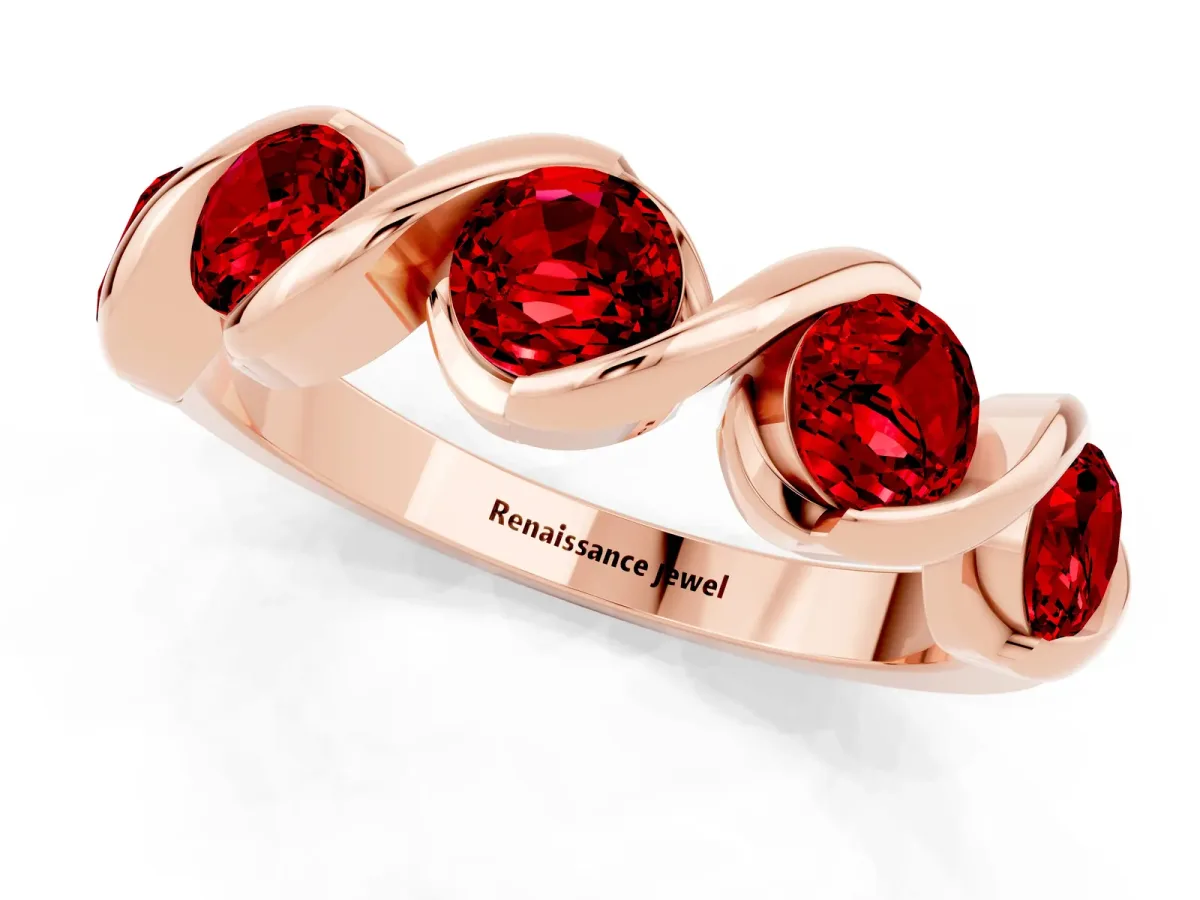 Round Ruby Wave Band with Channel Setting and Shared Prongs Rose gold