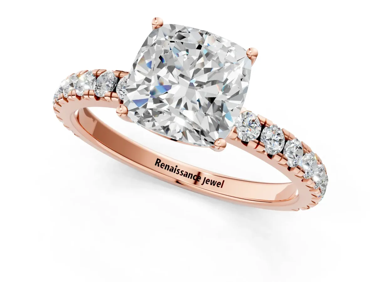 Cushion Cut Diamond Pavé Solitaire Engagement Ring with Four-Prong Setting Rose gold