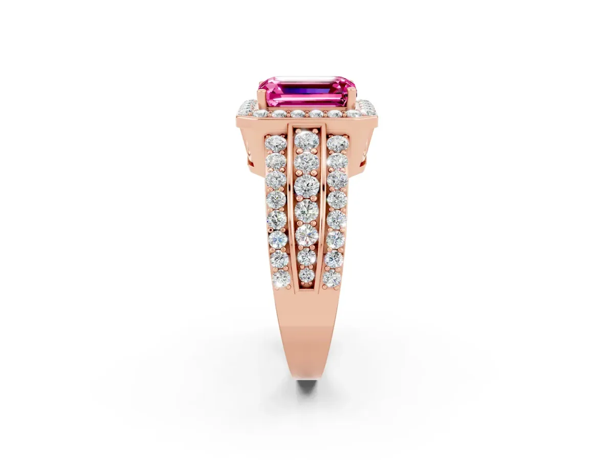 Emerald Cut Halo Pink Sapphire Ring with Round Split Shank and Prong Setting Rose gold