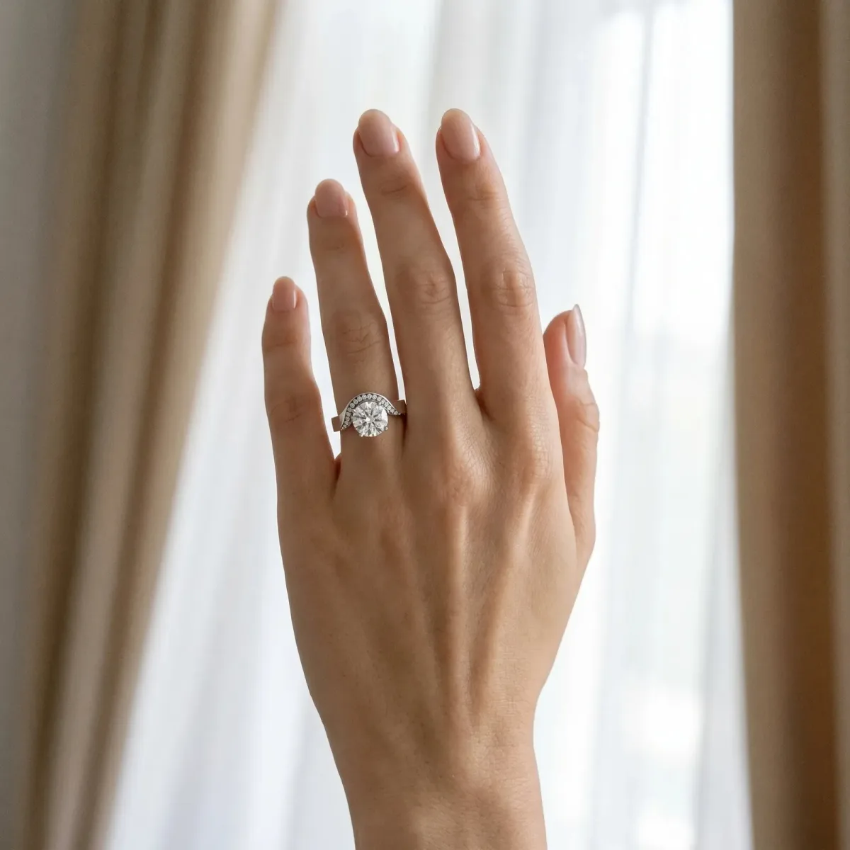 Round Cut Solitaire Diamond Engagement Ring with Pave Band and Four-Prong Setting Platinum