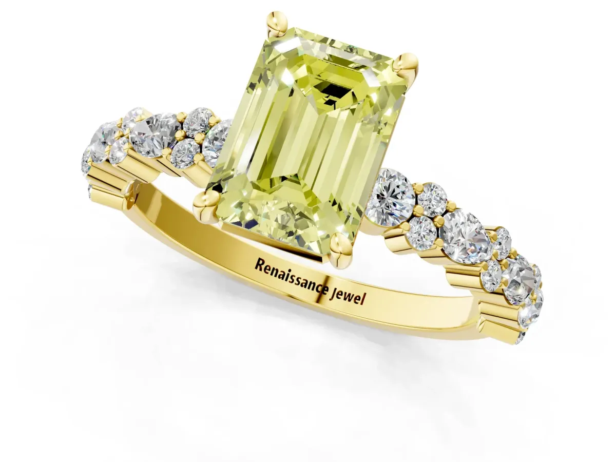Fancy Yellow Emerald Cut Diamond Side Stone Solitaire Ring with Round and Four-Prong Setting Yellow gold