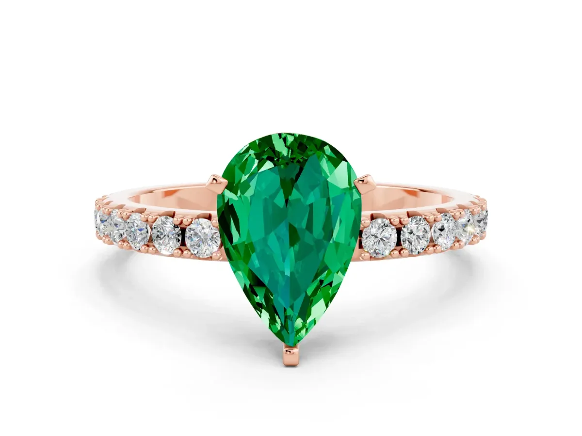 Pear Cut Emerald Solitaire Pavé Band with Four-Prong Setting Rose gold