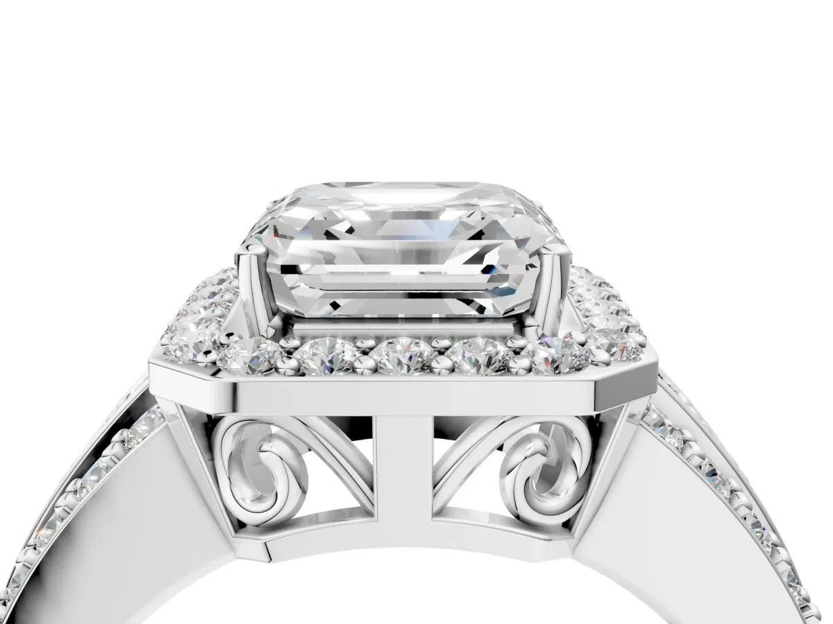 Asscher Cut Halo Diamond Ring with Round Split Shank and Prong Setting Platinum