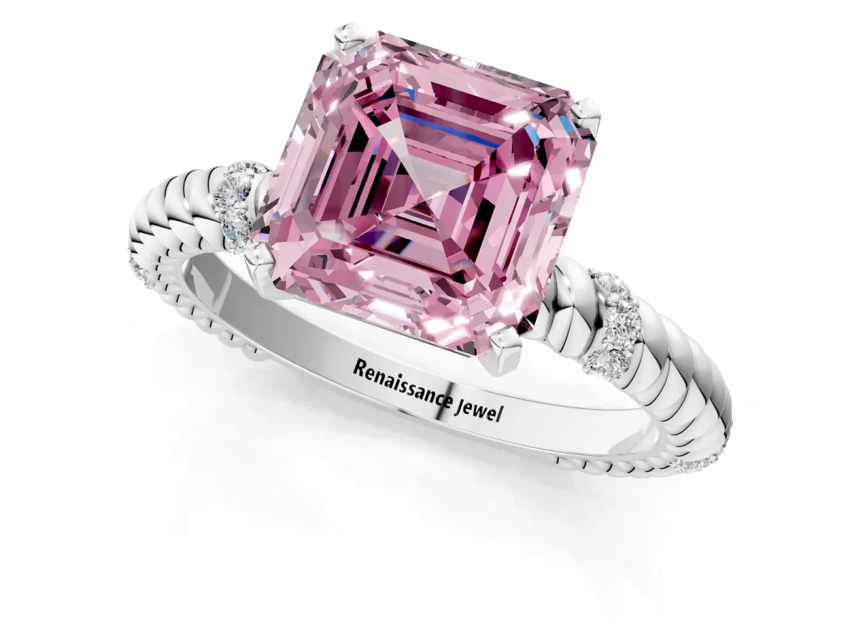 Fancy Pink Asscher Cut Solitaire Twisted Band Prong Set Engagement Ring Silver