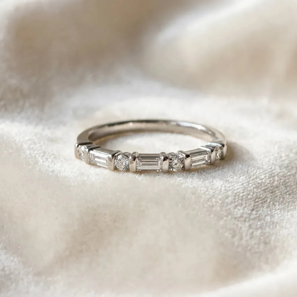 Baguette and Round Diamond Channel Set Half Eternity Band with Bar Prong Setting Silver