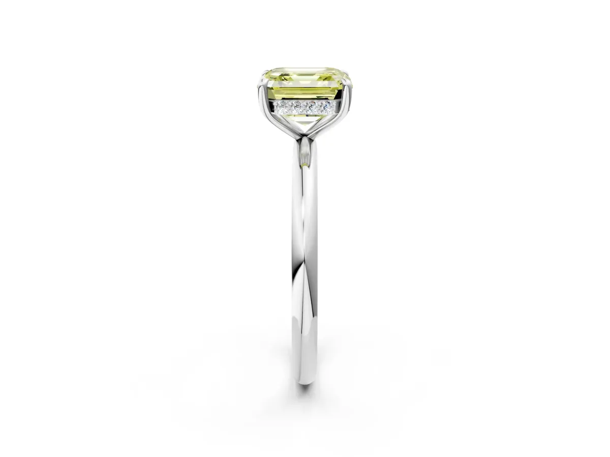 Fancy Yellow Asscher Cut Diamond Solitaire Ring with Thin Band and Four-Prong Setting Platinum