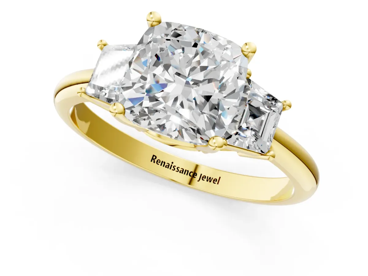 Cushion Cut Diamond Three-Stone Ring with Trapezoid Side Stones and Prong Setting Yellow gold
