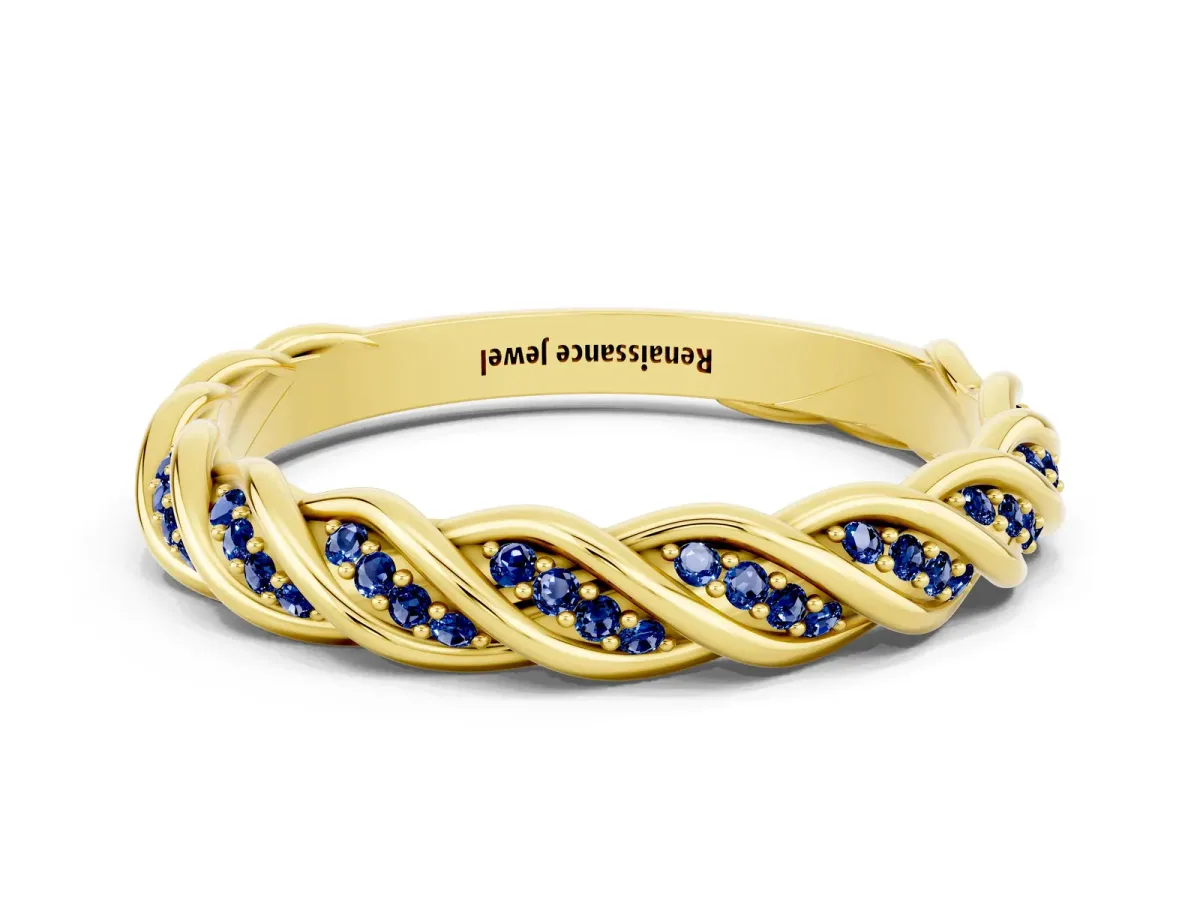 Twisted Pavé Round Blue Sapphire Eternity Band with Shared Prong Setting Yellow gold