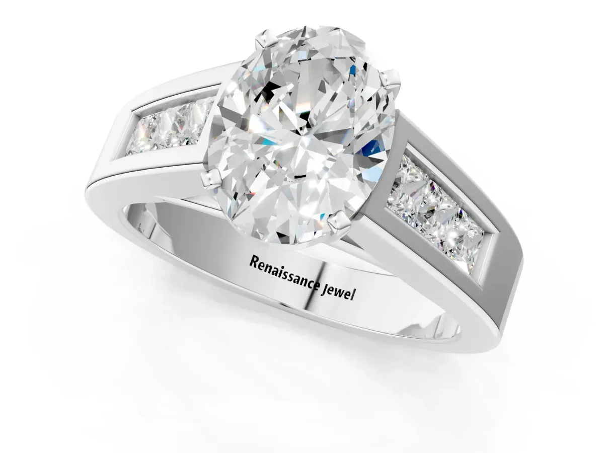 Oval Cut Cut Channel Set Solitaire Ring with Four-Prong Setting Silver