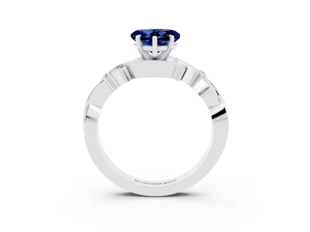 Heart Cut Blue Sapphire Solitaire Ring with Twisted Band and Prong Setting Silver