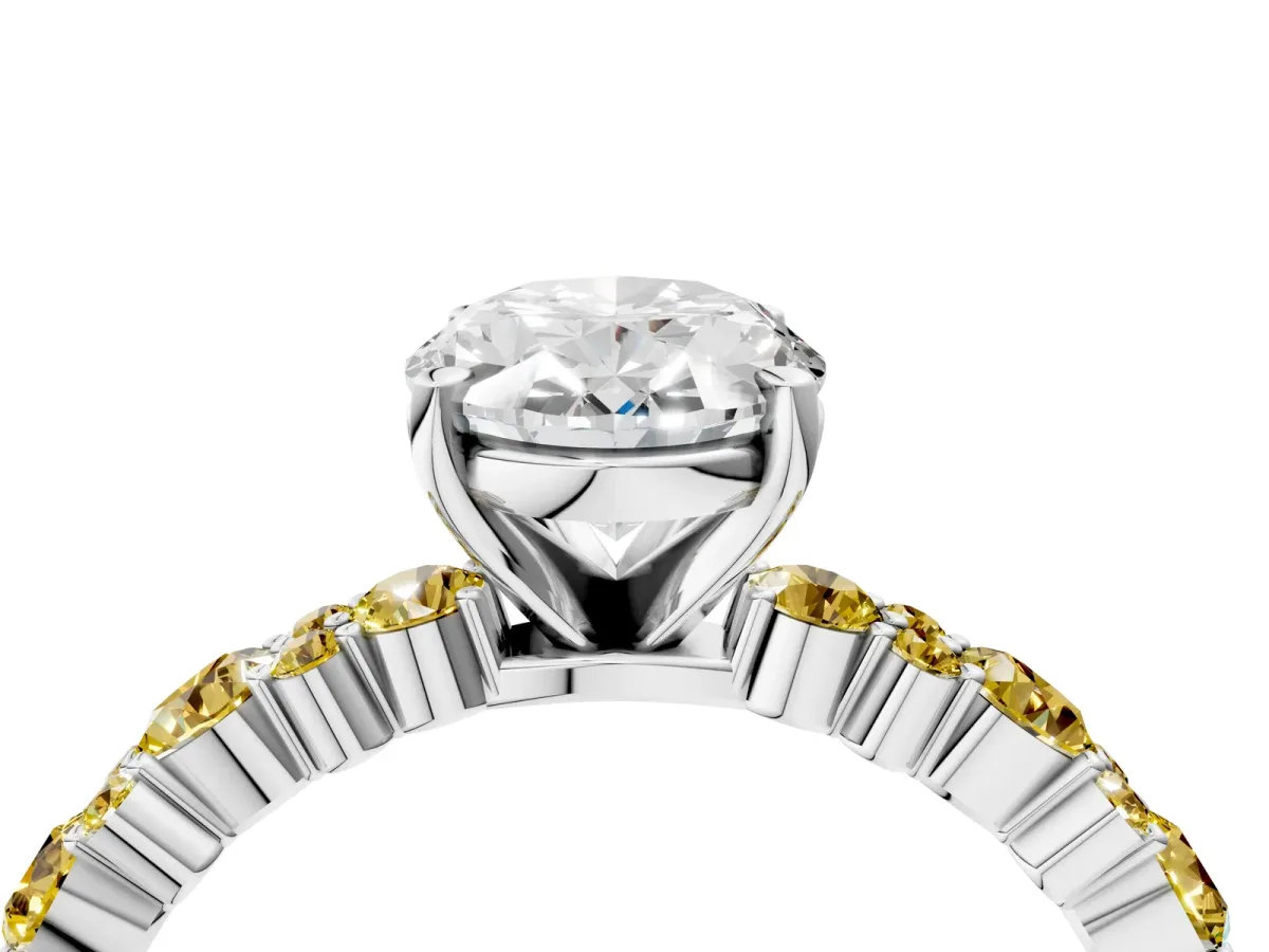 Oval Cut Diamond Side Stone Solitaire Ring with Round Yellow Sapphire and Four-Prong Setting Silver
