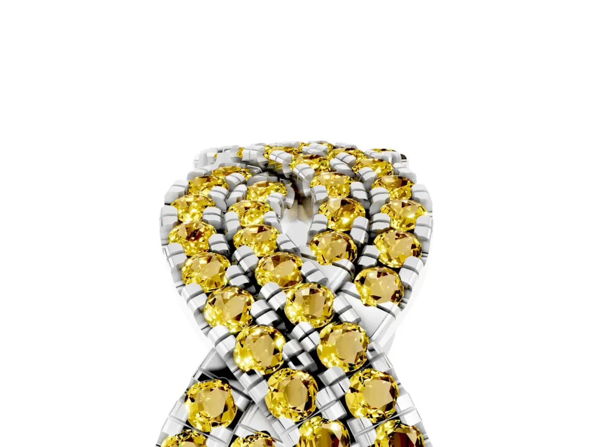 Pavé Round Yellow Sapphire Infinity Twist Band with Shared Prong Setting White gold