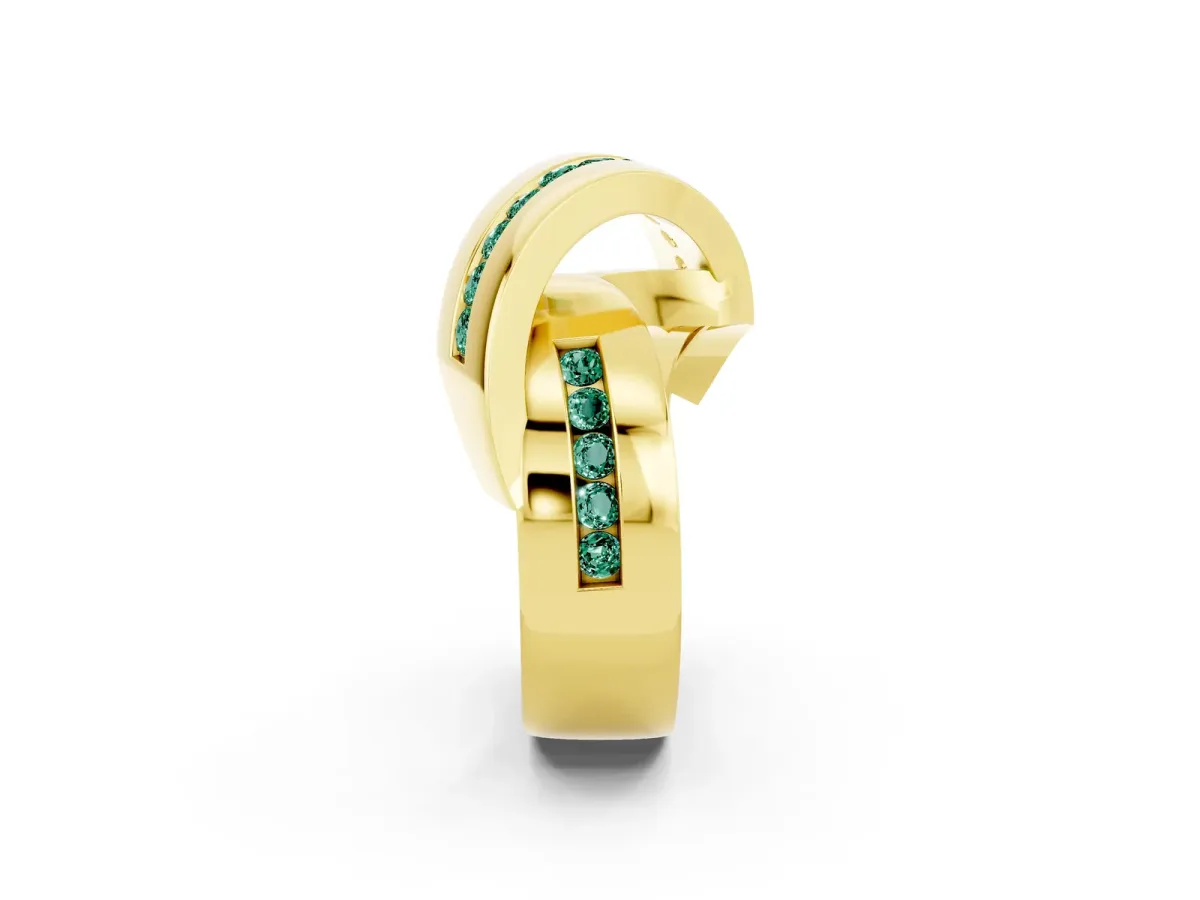 Pavé Round Green Sapphire Crossover Band with Channel Setting Yellow gold