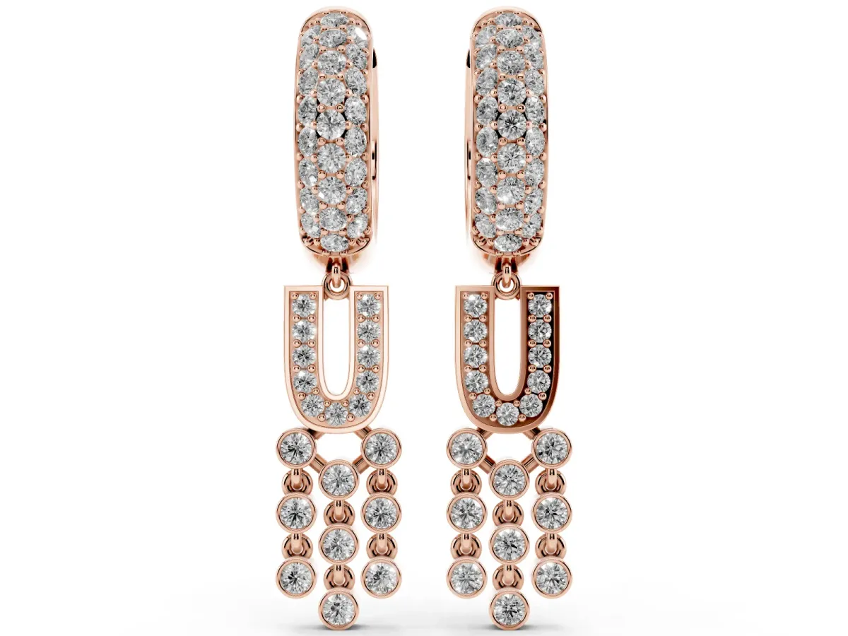 Round Diamond Initial U Huggie Hoop Earrings Rose gold