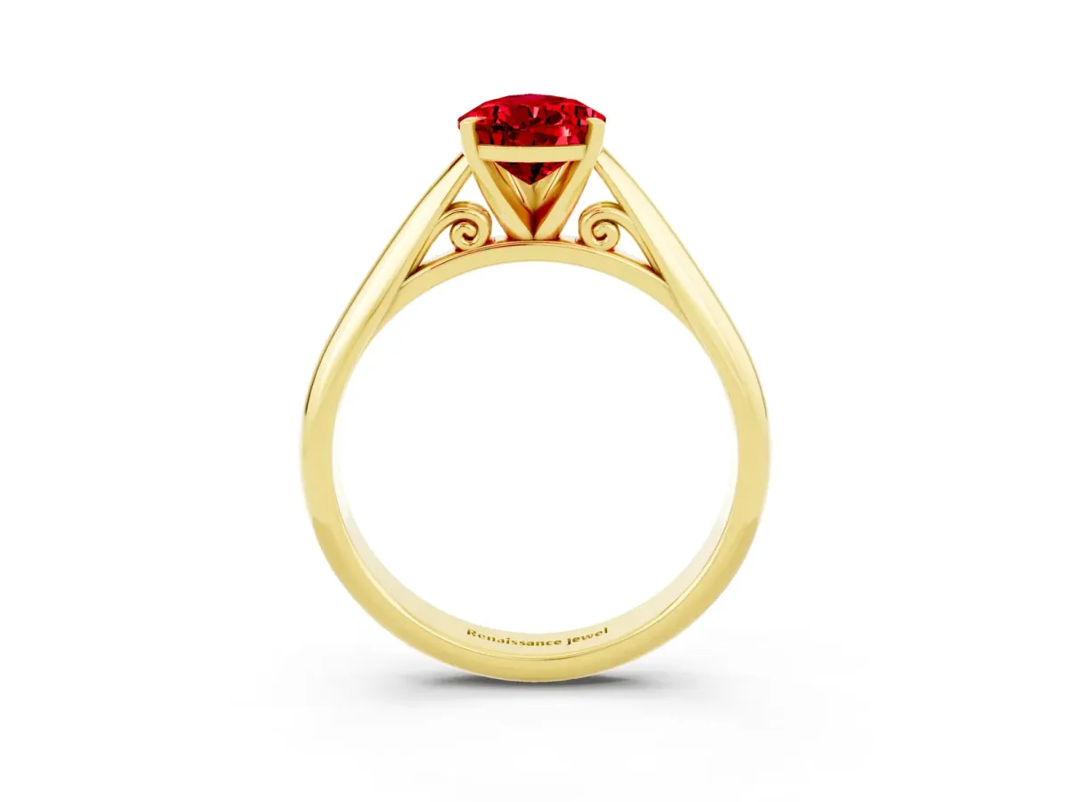 Pear Cut Ruby Solitaire Engagement Ring with Cathedral Setting and Four-Prong Mount Yellow gold