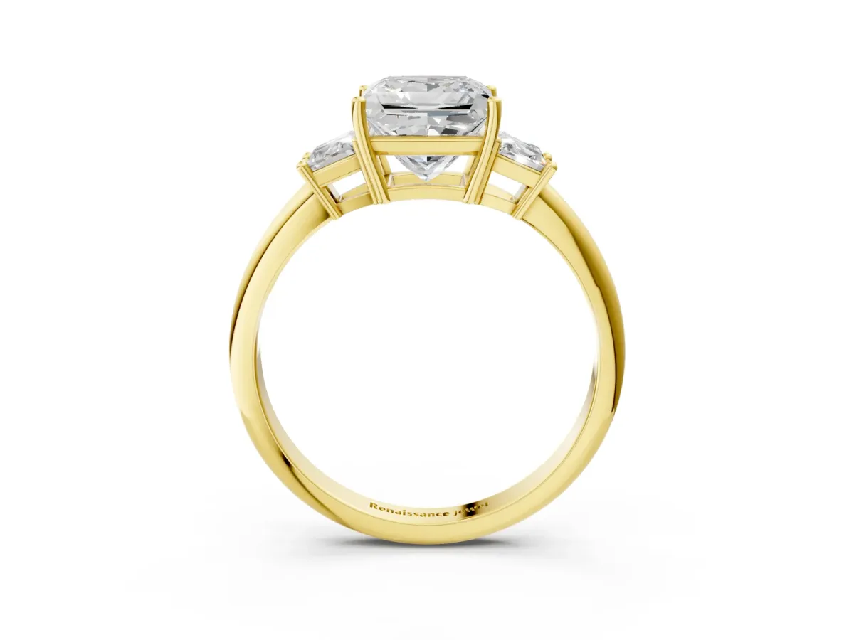 Princess Cut Diamond Three-Stone Ring with Trapezoid Side Stones and Prong Setting Yellow gold