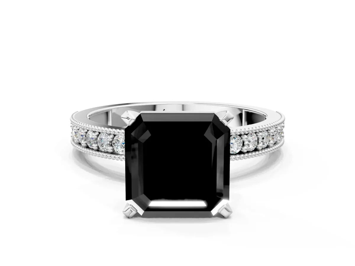 Fancy Black Asscher Cut Diamond Milgrain Pavé Engagement Ring with Four-Prong Setting Platinum