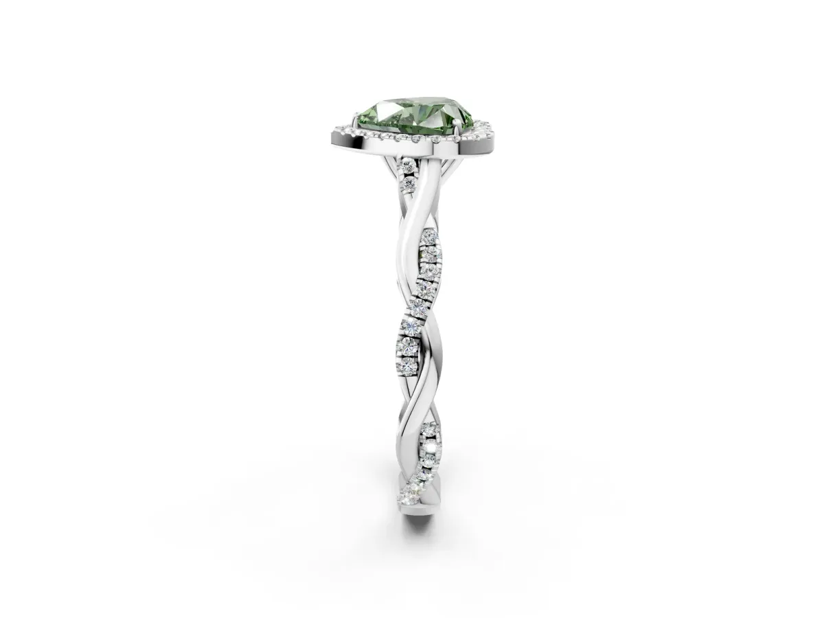 Fancy Green Heart Cut Halo Twist Band Solitaire Ring Platinum