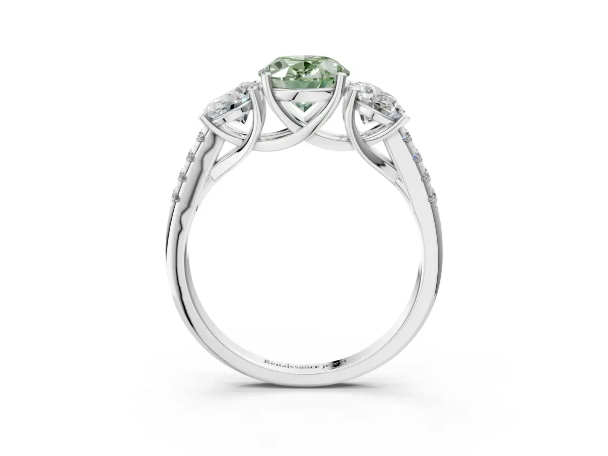 Fancy Green Three-Stone Oval Cut Diamond Ring with Round Pavé Band and Prong Setting Silver