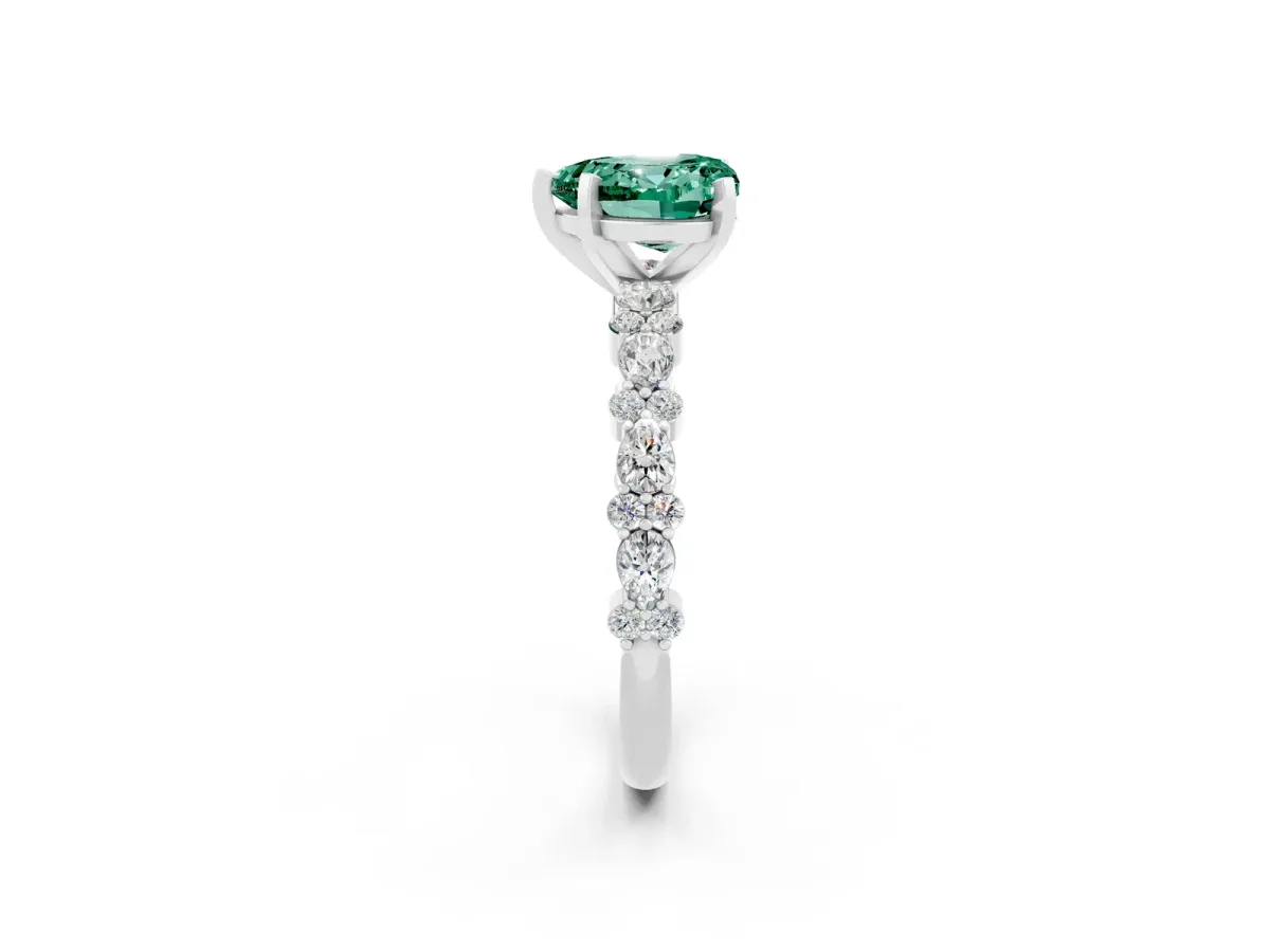 Heart Cut Green Sapphire Side Stone Solitaire Ring with Round and Four-Prong Setting Silver