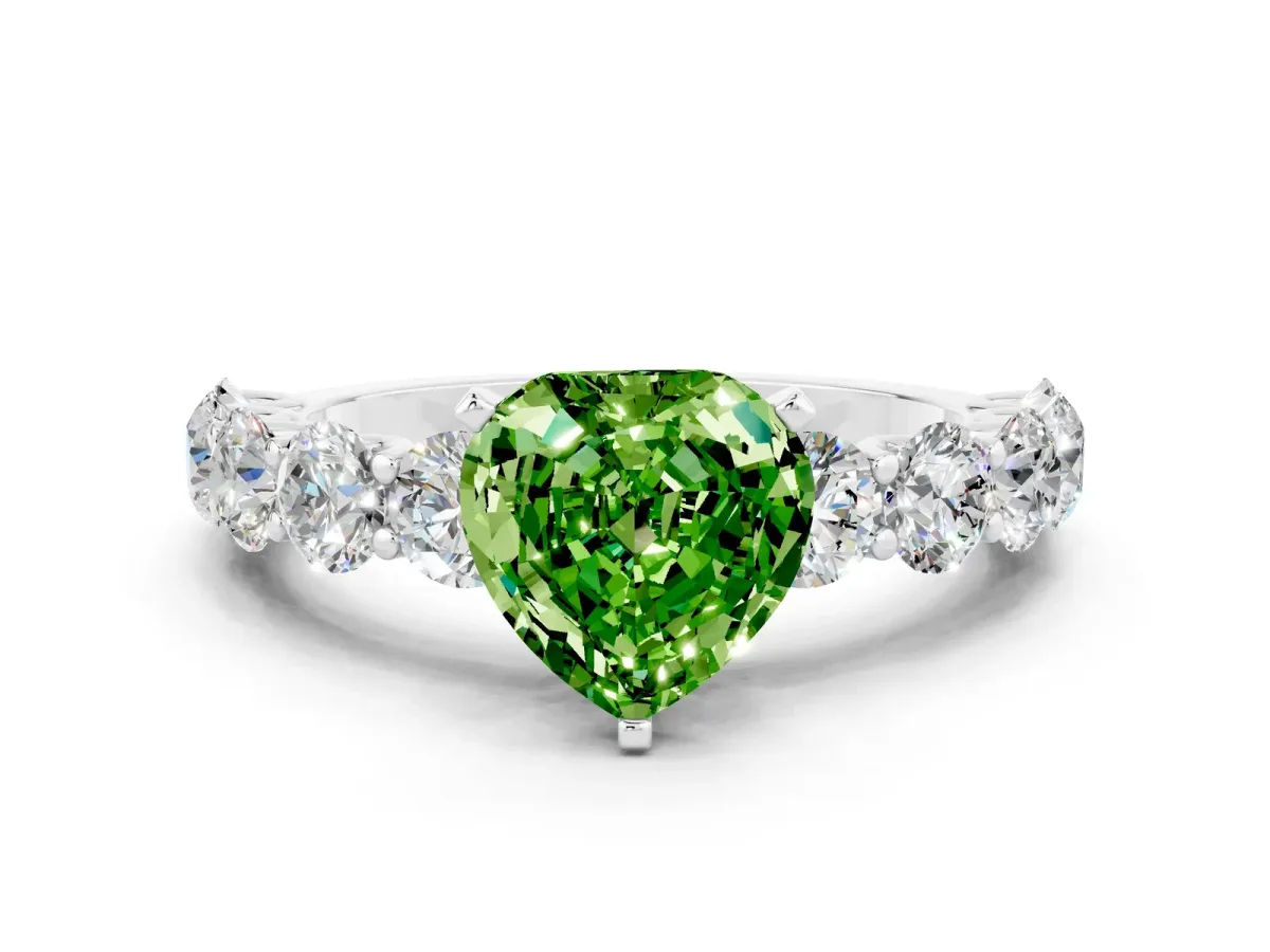 Heart Cut Peridot Prong Setting with Side Stones on a Pave Band Silver