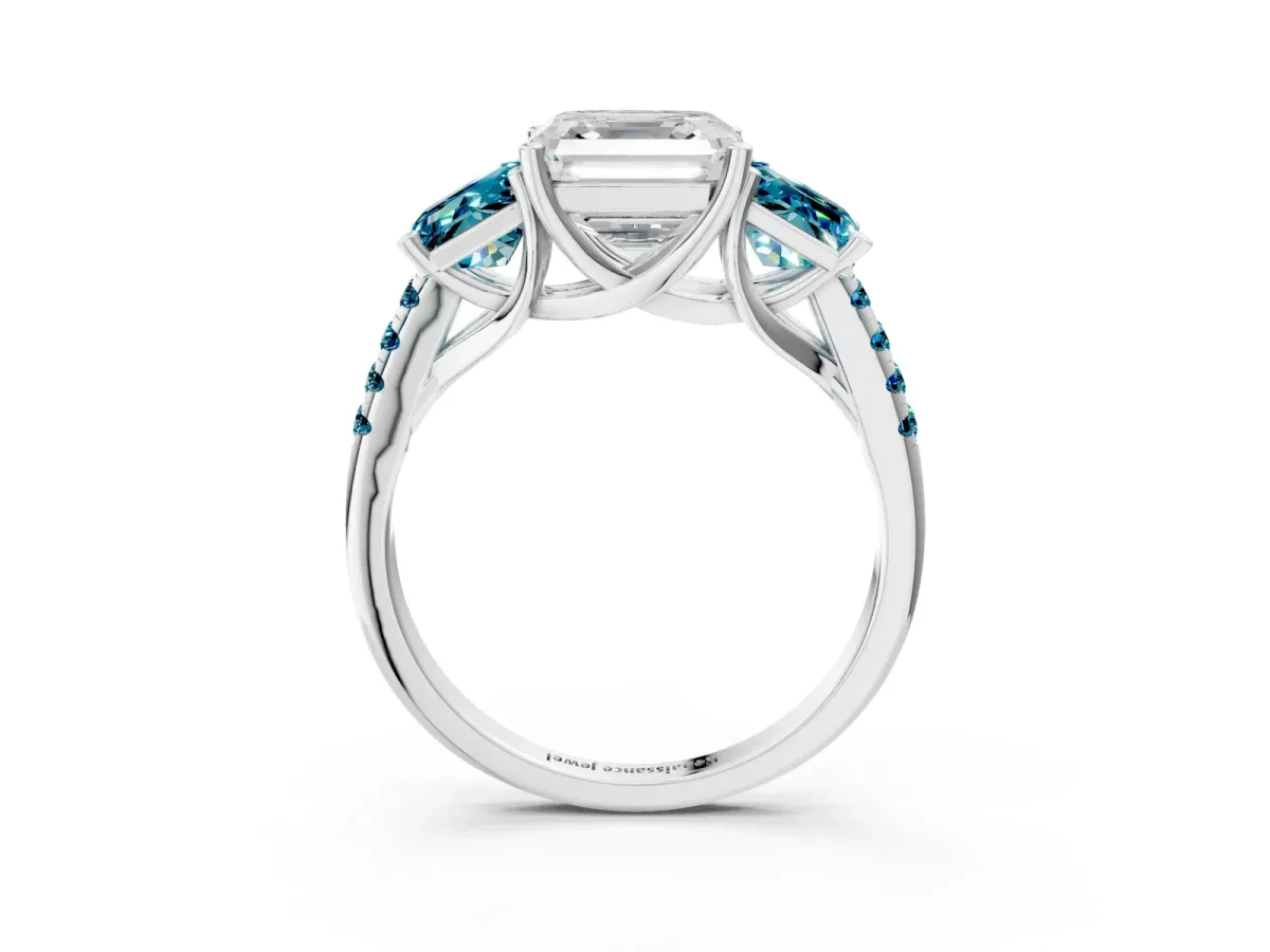 Three-Stone Asscher Cut Diamond Ring with Round Blue Topaz Pavé Band and Prong Setting Silver