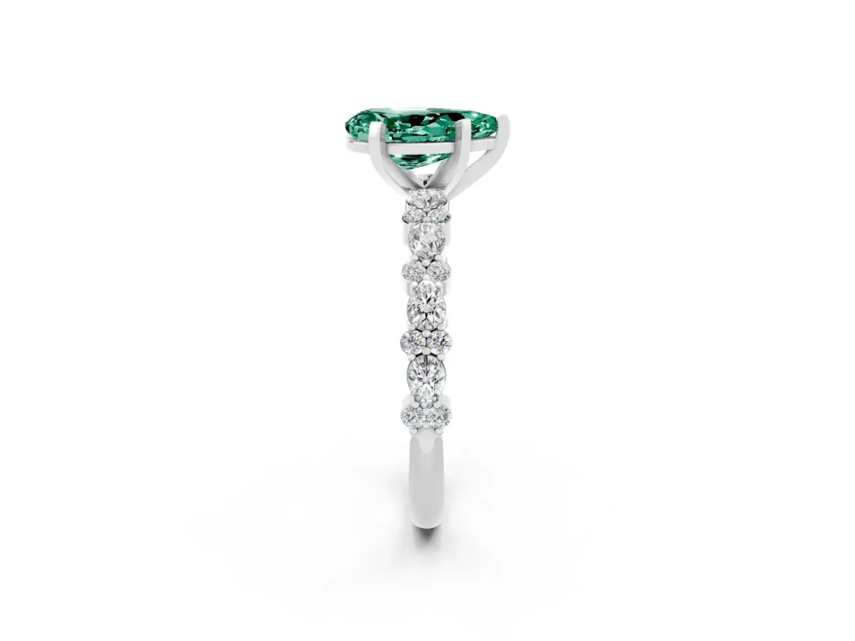Pear Cut Green Sapphire Side Stone Solitaire Ring with Round and Four-Prong Setting White gold