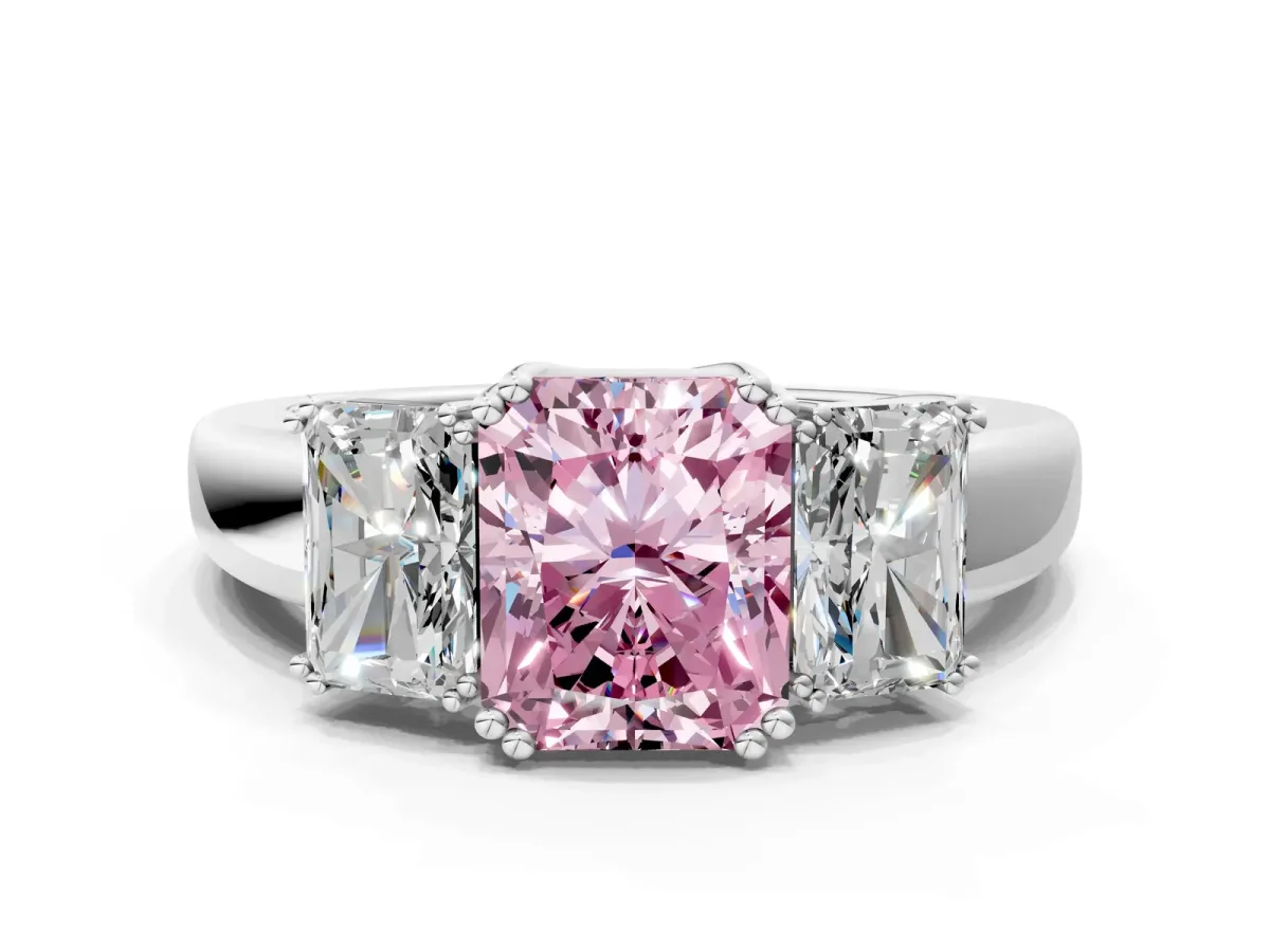 Fancy Pink Three-Stone Radiant Cut Cut Diamond Ring with Channel Set Band and Four-Prong Setting Silver