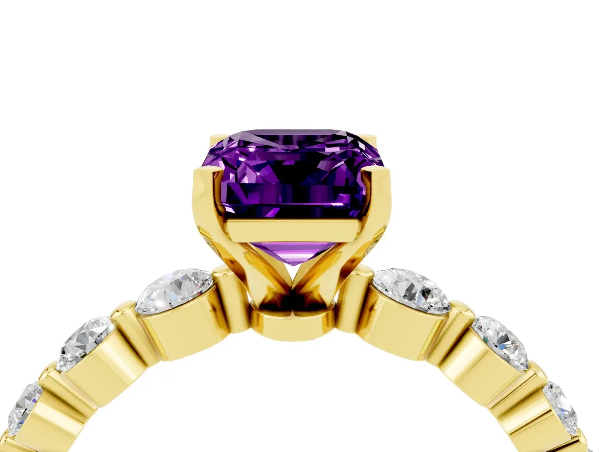 Emerald Cut Solitaire Amethyst Ring with Pave Band and Four-Prong Setting Yellow gold