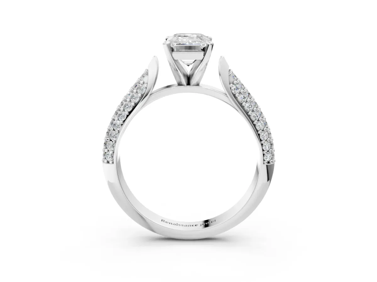 Emerald Cut Diamond Solitaire Engagement Ring with Multi-Row Round Pavé Band and Prong Setting Silver