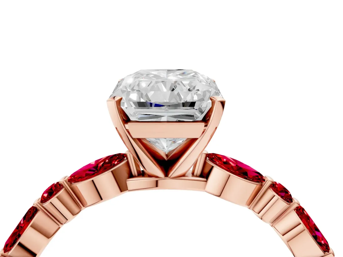Radiant Cut Diamond Ring with Marquise and Round Ruby Side Stones and Four-Prong Setting Rose gold