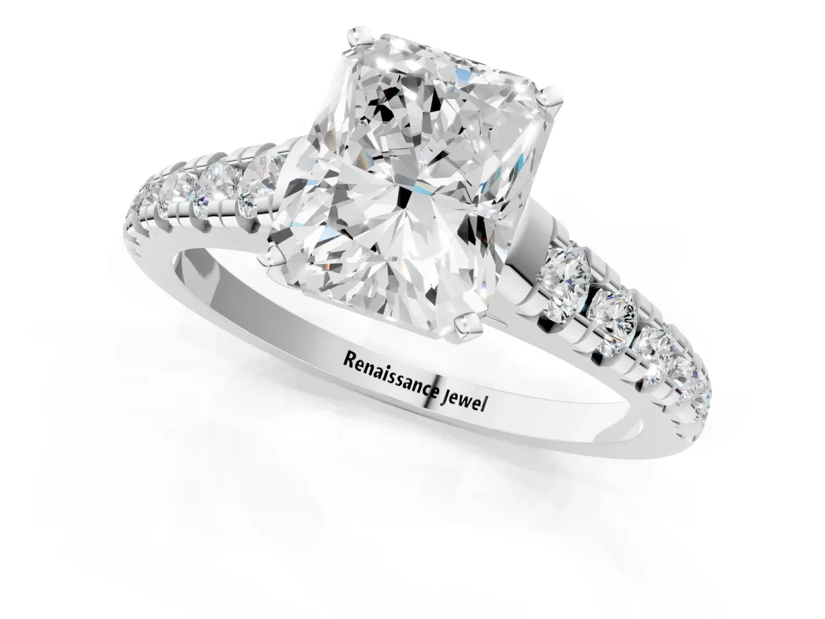 Radiant Cut Diamond Cathedral Solitaire Ring with Round Moissanite Pavé Band Silver