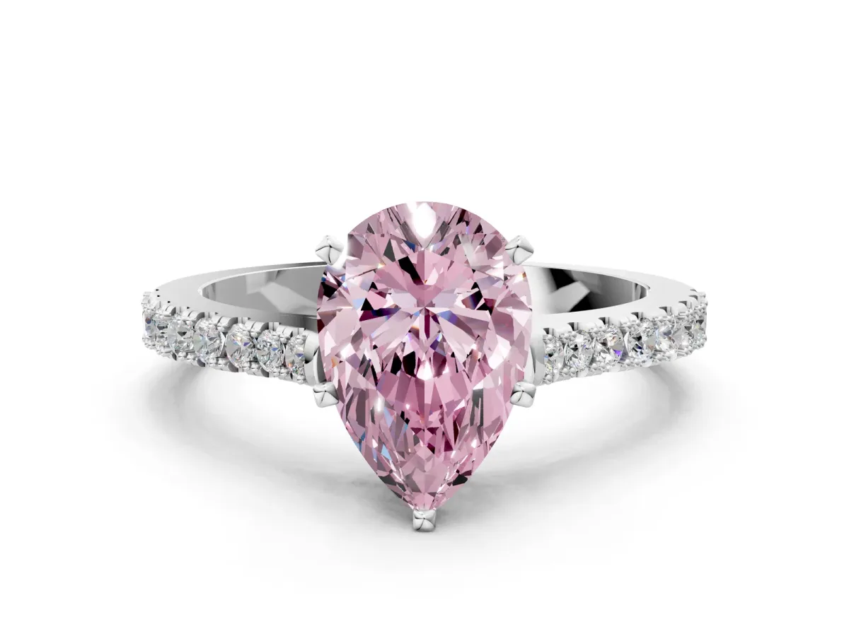 Fancy Pink Pear Cut Cut Solitaire Diamond Engagement Ring with Pave Band and Four-Prong Setting Silver