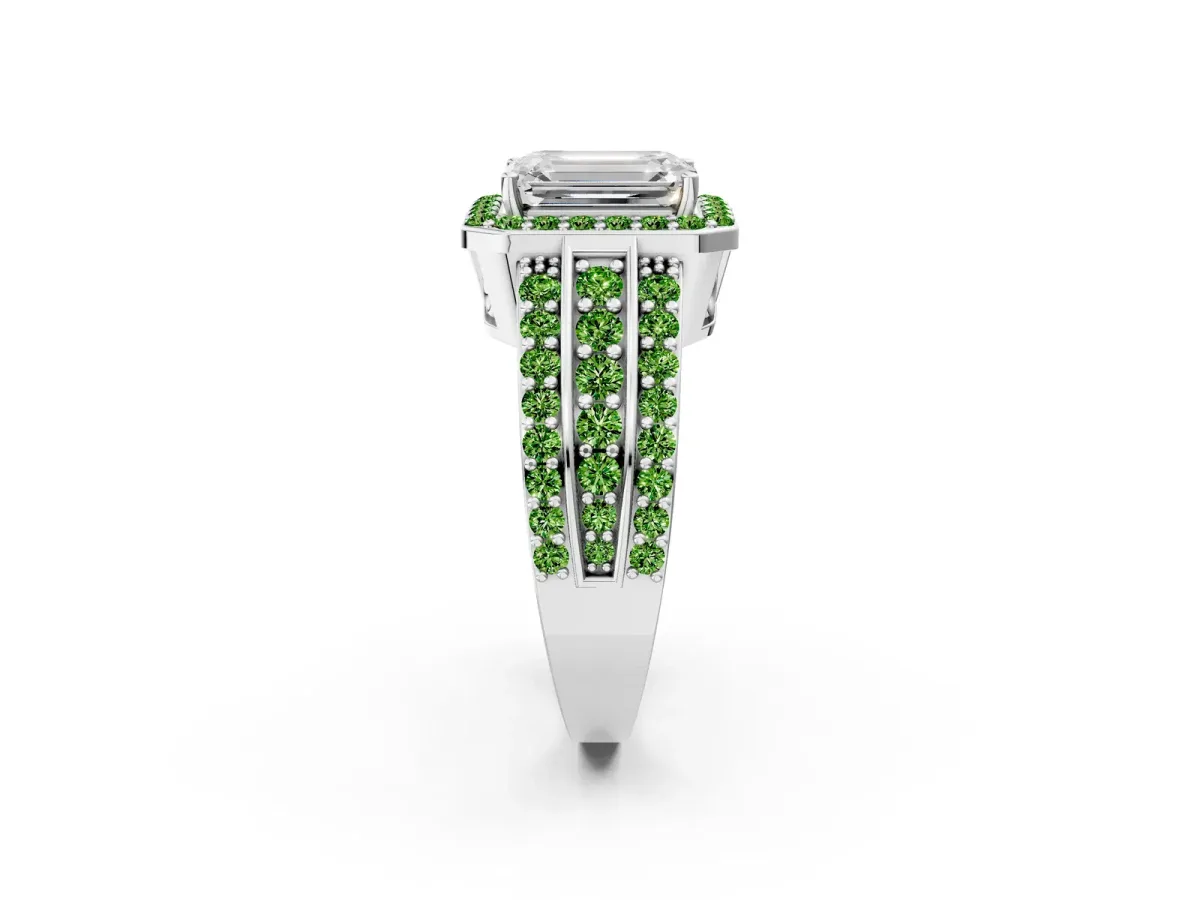 Emerald Cut Halo Diamond Ring with Round Peridot Split Shank and Prong Setting Platinum