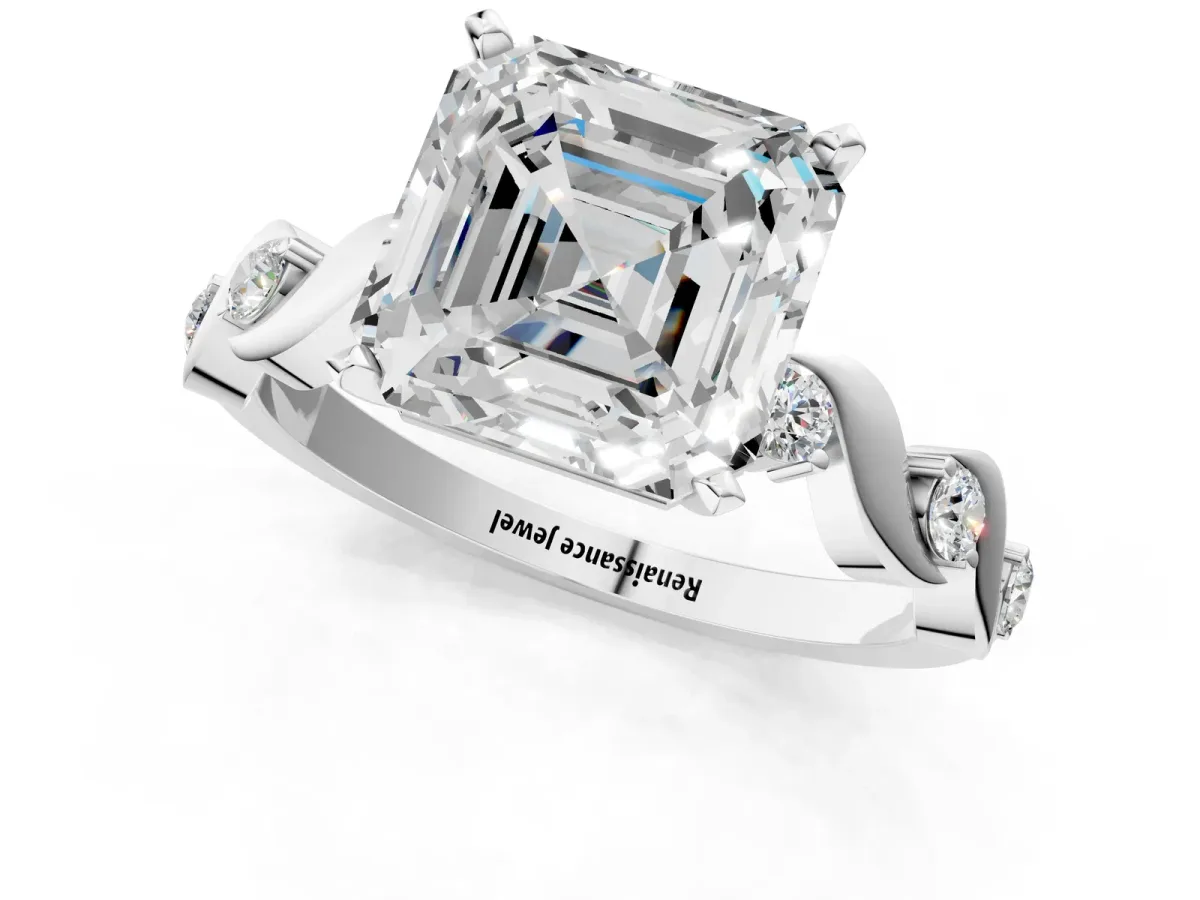 Asscher Cut Diamond Solitaire Twisted Band with Round Accents and Prong Setting Silver