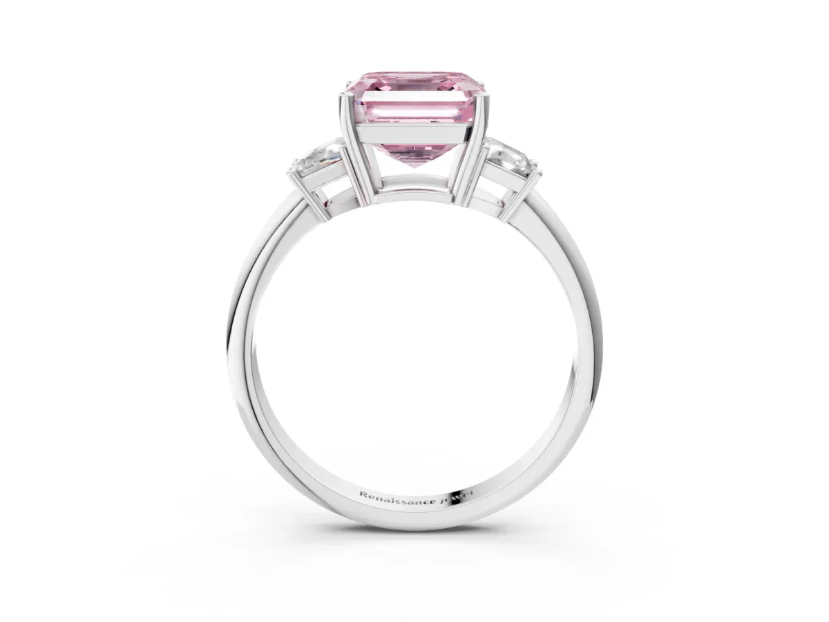 Fancy Pink Asscher Cut Diamond Three-Stone Ring with Trapezoid Side Stones and Prong Setting Silver