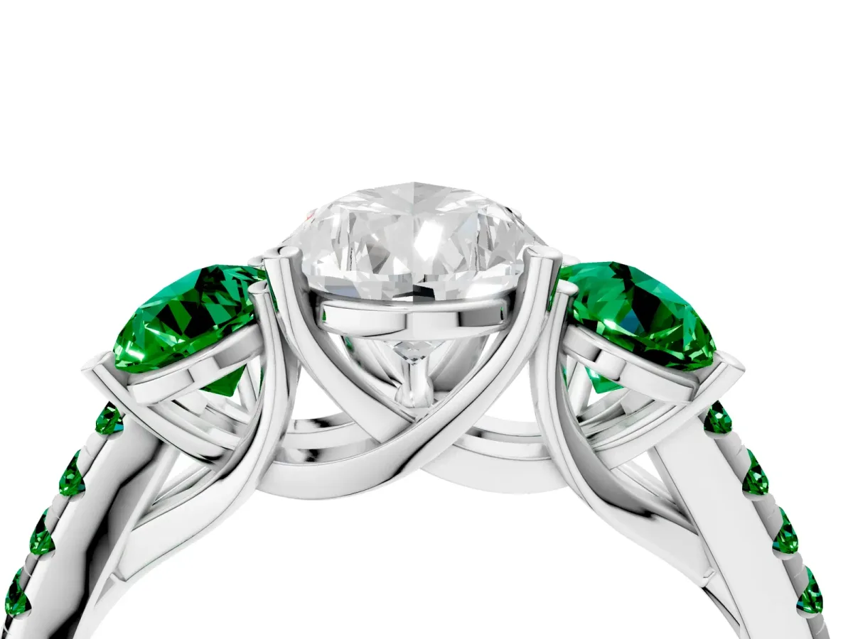 Three-Stone Pear Cut Diamond Ring with Round Emerald Pavé Band and Prong Setting Silver