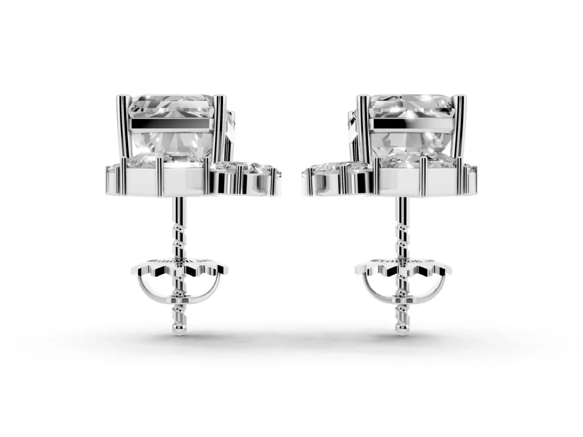 Emerald Cut Diamond Stud Earrings with Round and Oval Accents White gold