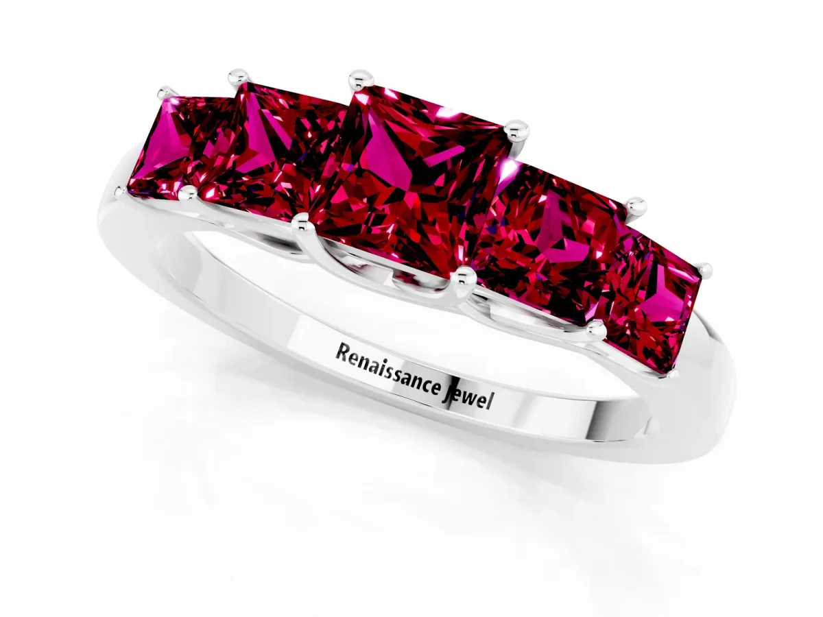 Princess Cut Five-Stone Garnet Ring with Classic Prong Setting Platinum