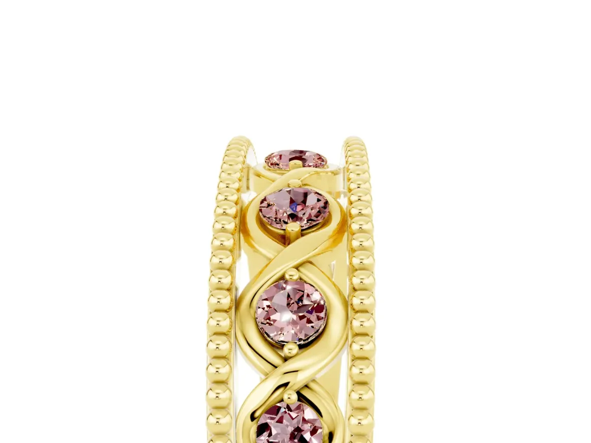 Round Morganite Twist Milgrain Band with Bezel Setting Yellow gold