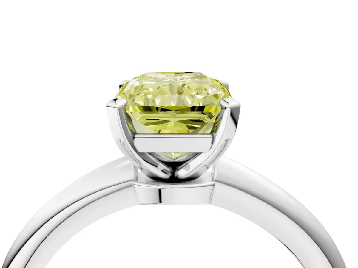 Fancy Yellow Radiant Cut Diamond Solitaire Ring with Six-Prong Setting and Classic Band Silver
