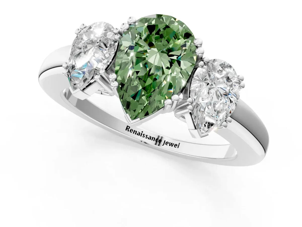 Fancy Green Three-Stone Pear Cut Cut Diamond Ring with Channel Set Band and Four-Prong Setting Silver