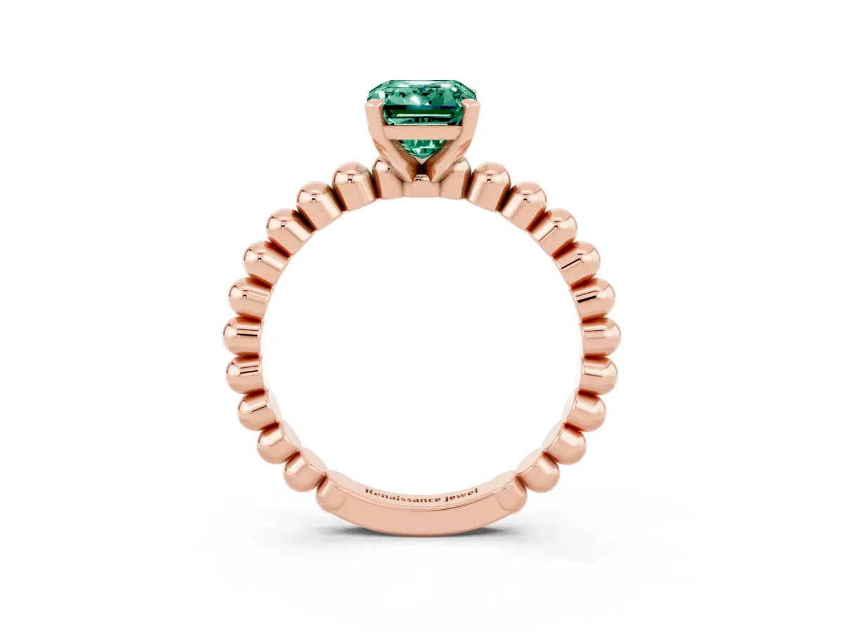 Emerald Cut Green Sapphire Solitaire Ring with Beaded Band and Prong Setting Rose gold